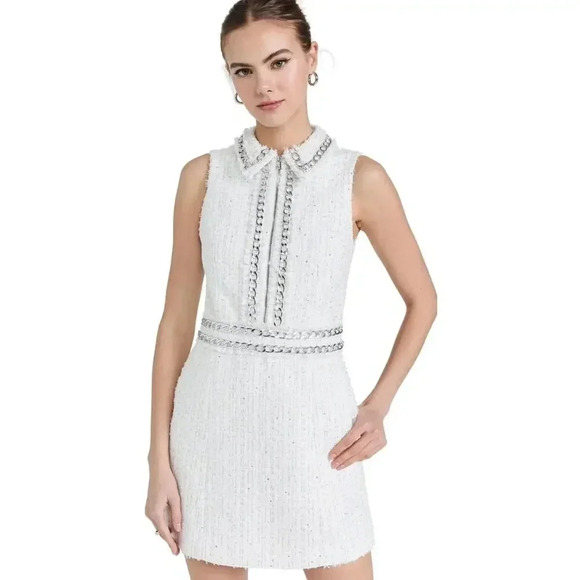 Alice + Olivia Womens White Ellis Chain Trim Tweed Collared Mini Dress S… - Picture 10 of 16